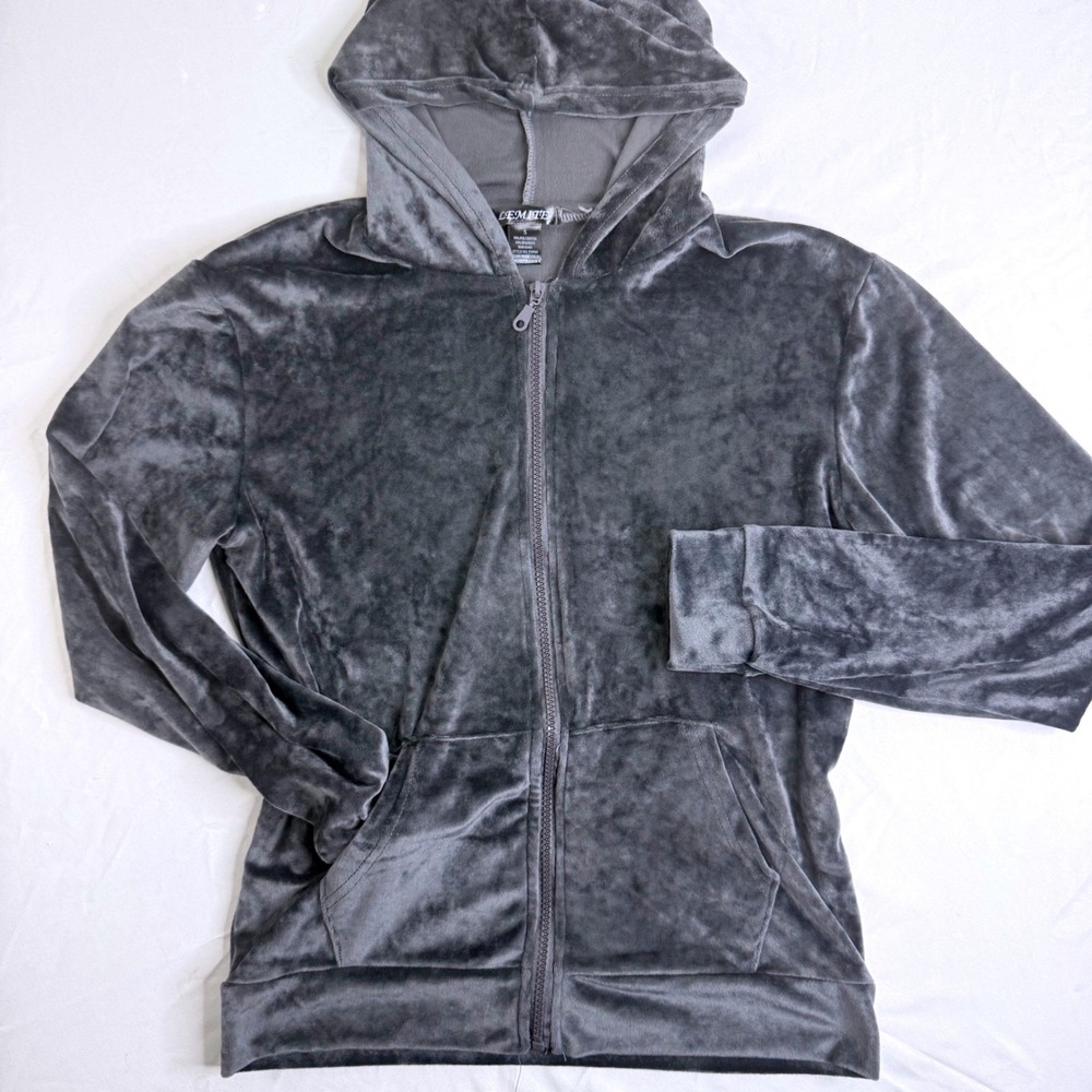 Lemite Women Charcoal Gray Velour Zip Up Hoodie Velvet Sweatshirt Small P5990H